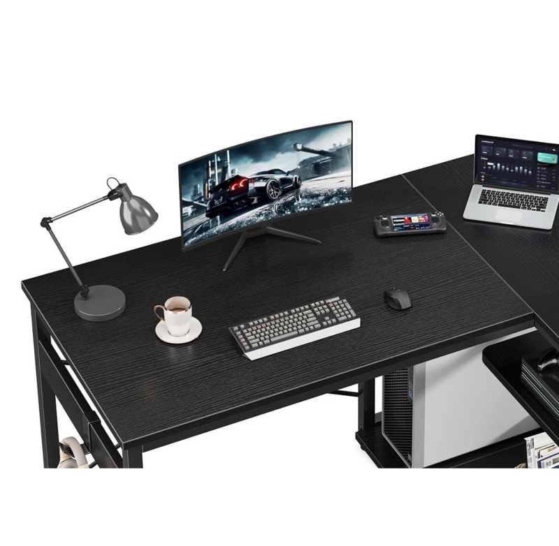 L-Shaped Desk with Raised Monitor Platform and Integrated Shelving