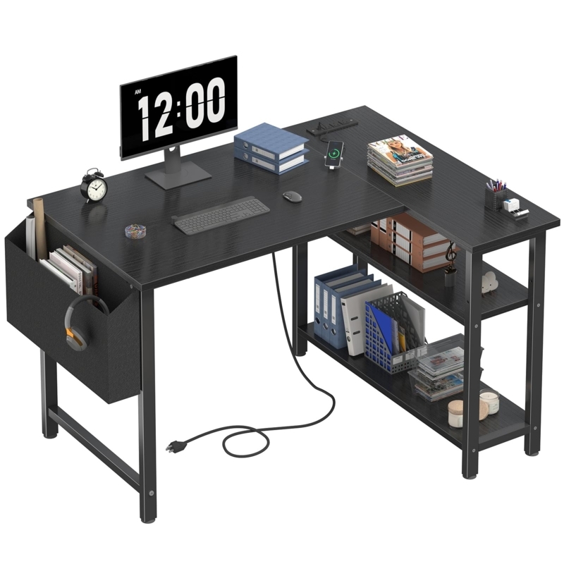 L-Shaped Desk with Red Metal Accents and Integrated Shelves