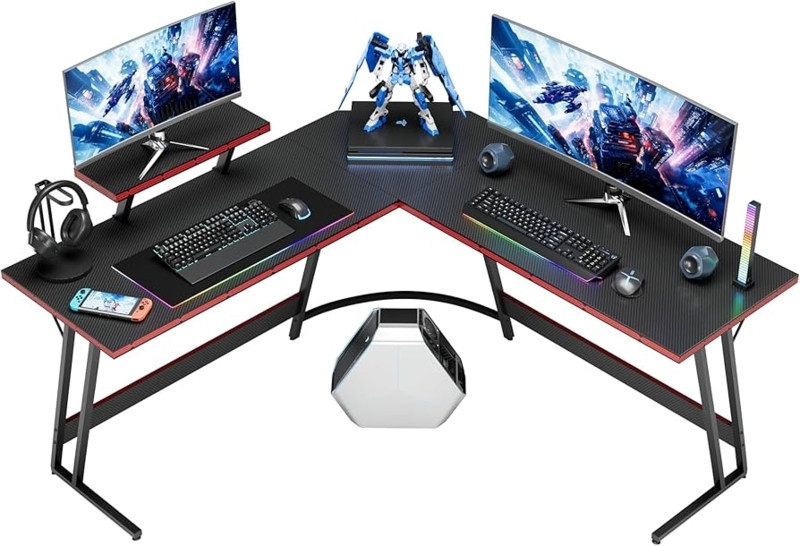 L-Shaped Desk with Riser Shelf, Textured Surface, Z-Shaped Legs