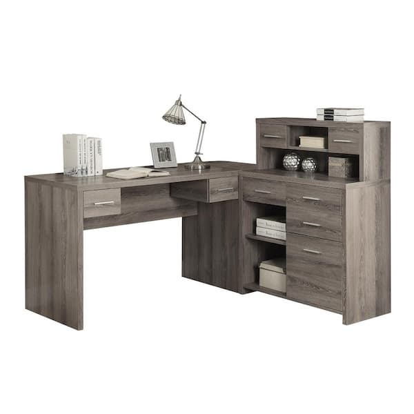 L-Shaped Desk with Silver Metal Frame & Open Shelving