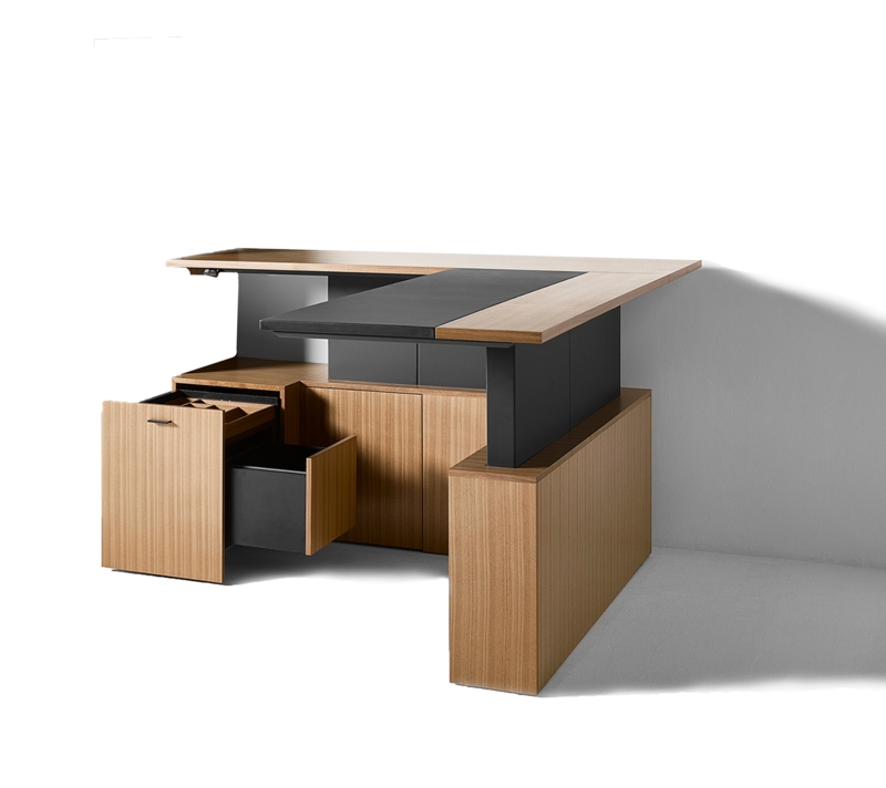 L-Shaped Desk with Sit-Stand Mechanism, Stark White Surface