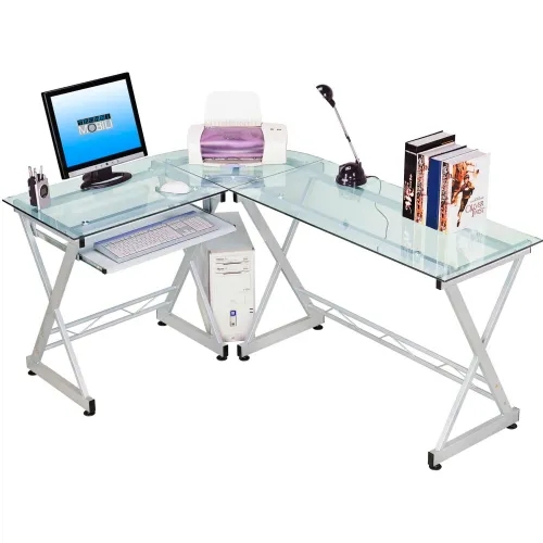 L-Shaped Desk with Tempered Glass Top & Silver Metal Frame