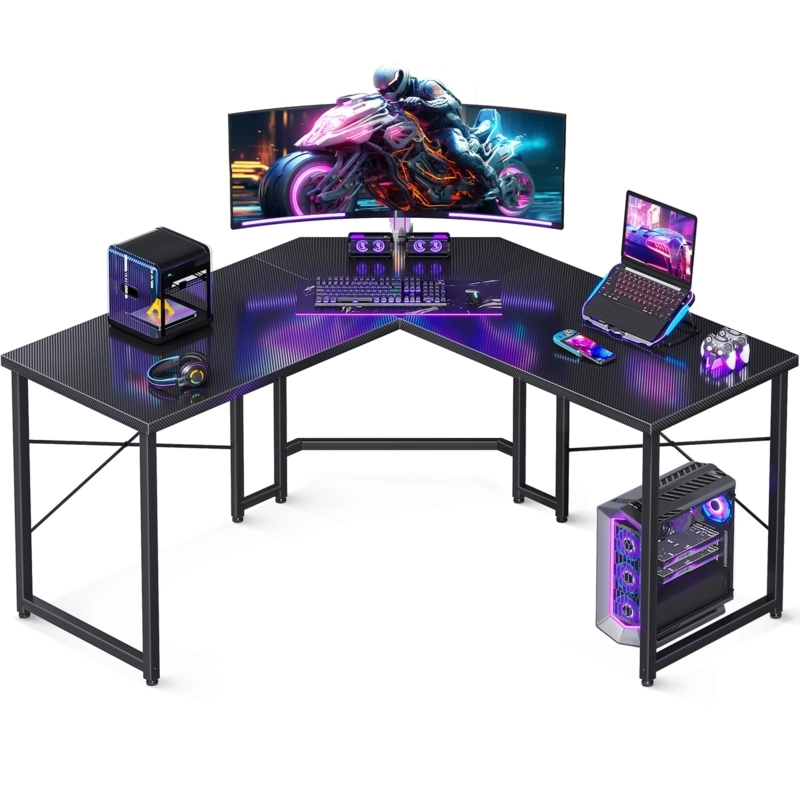 L-Shaped Desk with X-Frame Legs, Carbon Fiber Surface, Modern Industrial