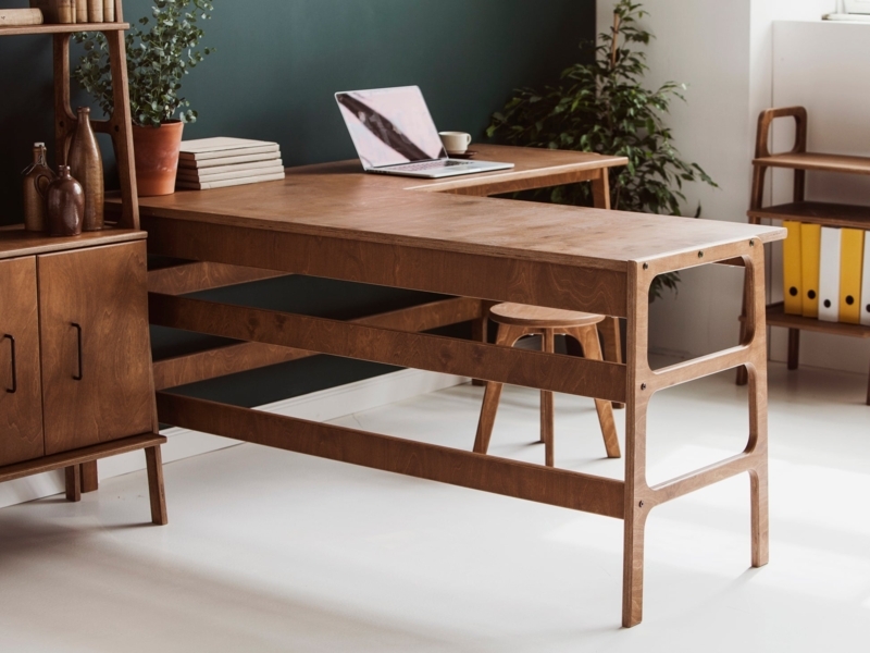 L-Shaped Desk Wood Toned with Chamfered Edges Mid Century