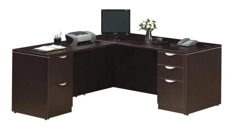 L-Shaped Executive Desk with Integrated Drawers and Silver Pulls