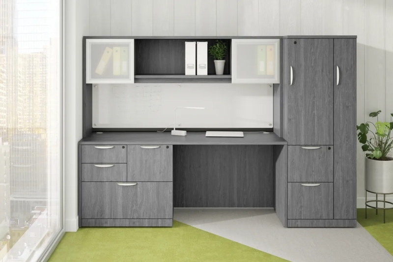 L Shaped Executive Desk With Integrated Hutch And Glass Doors