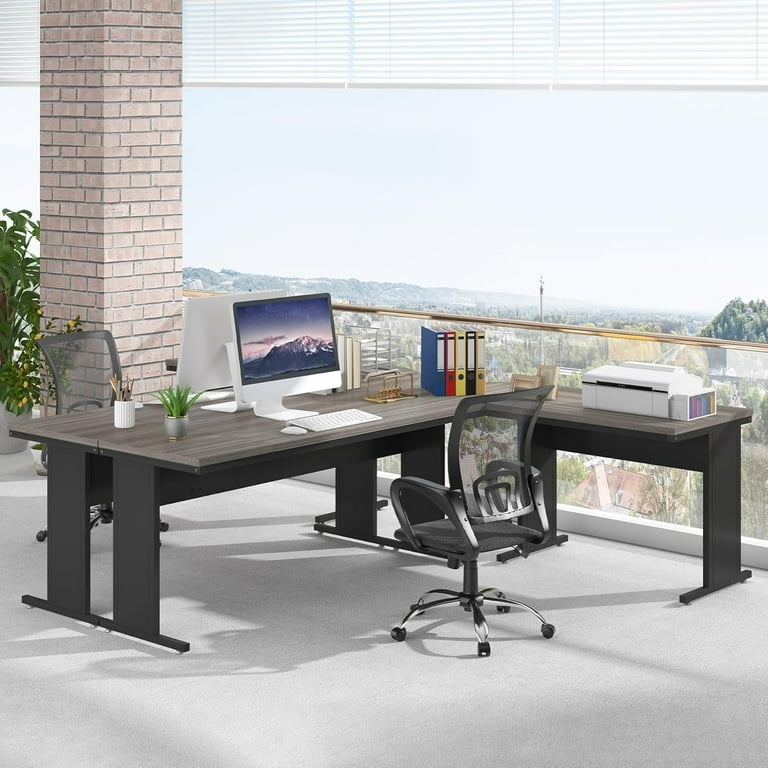 L-Shaped Executive Desk with Thick Top & Integrated Sideboard