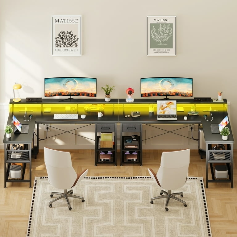 L-Shaped Gaming Desk Setup with Integrated LED Lighting & Power Outlet