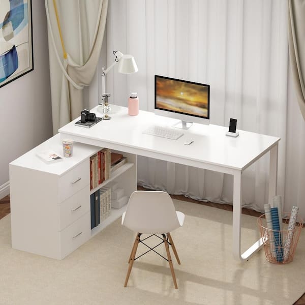 L-Shaped Gaming Desk with 3 Drawers and 2-Tier Open Shelves