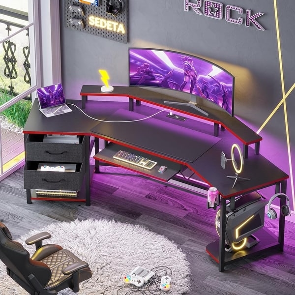 L-Shaped Gaming Desk with Fabric Drawers and Headphone Hook