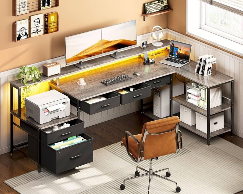 L-Shaped Gaming Desk with Five Drawers & Integrated LED Strip