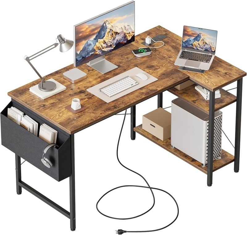 L-Shaped Home Office Desk with Built-In Power Strip & Open Shelving