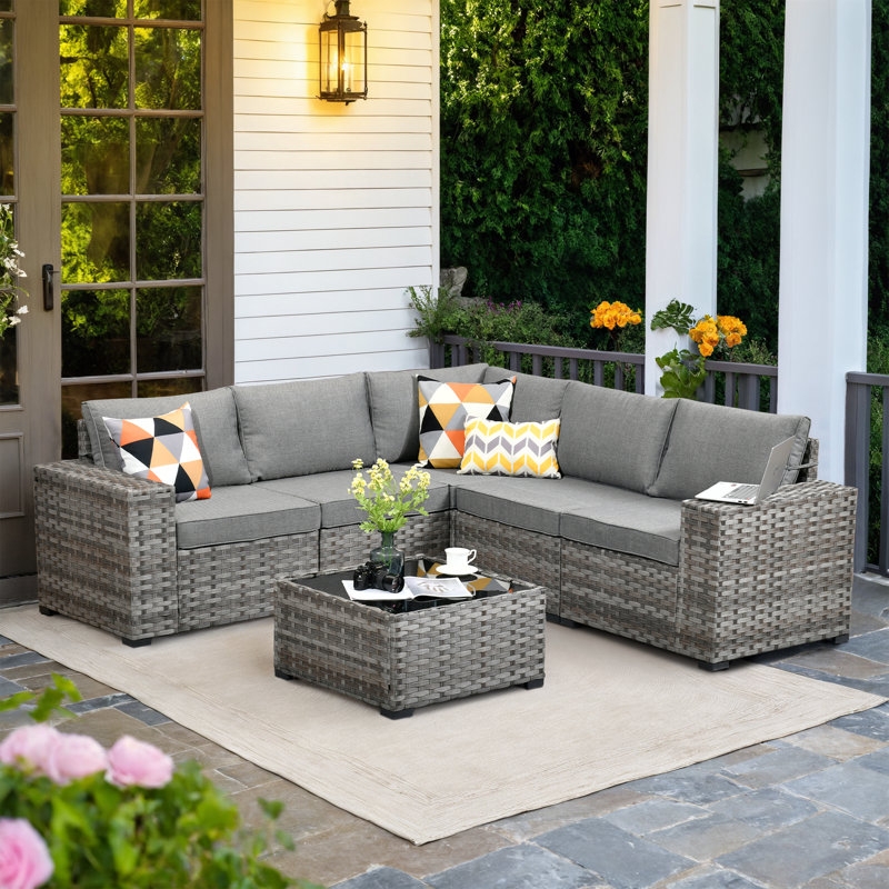 L-Shaped Outdoor Rattan Lounge with Wide Armrests and Woven Texture