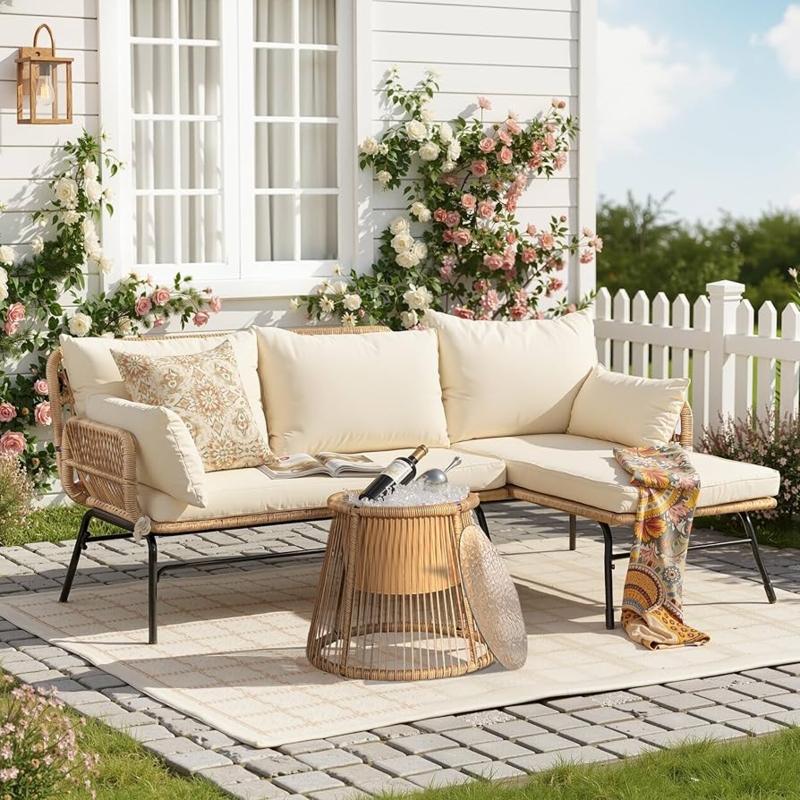 L Shaped Outdoor Sectional Integrated Ice Bucket Wicker Lounge