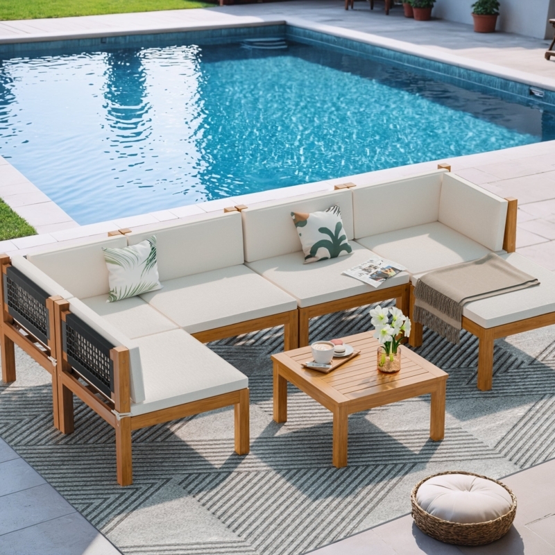 L-Shaped Outdoor Sectional Layout Natural Wood Light Grey Cushions