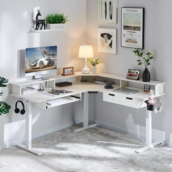 L-Shaped Standing Desk Electric Height Adjustable with Dual Monitor Riser
