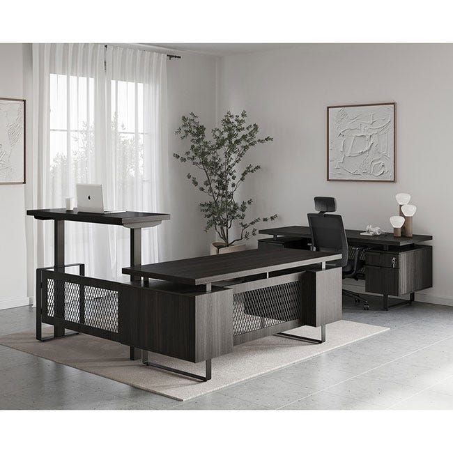 L-Shaped Standing Desk Integrated Pedestal Wood Top Metal Frame