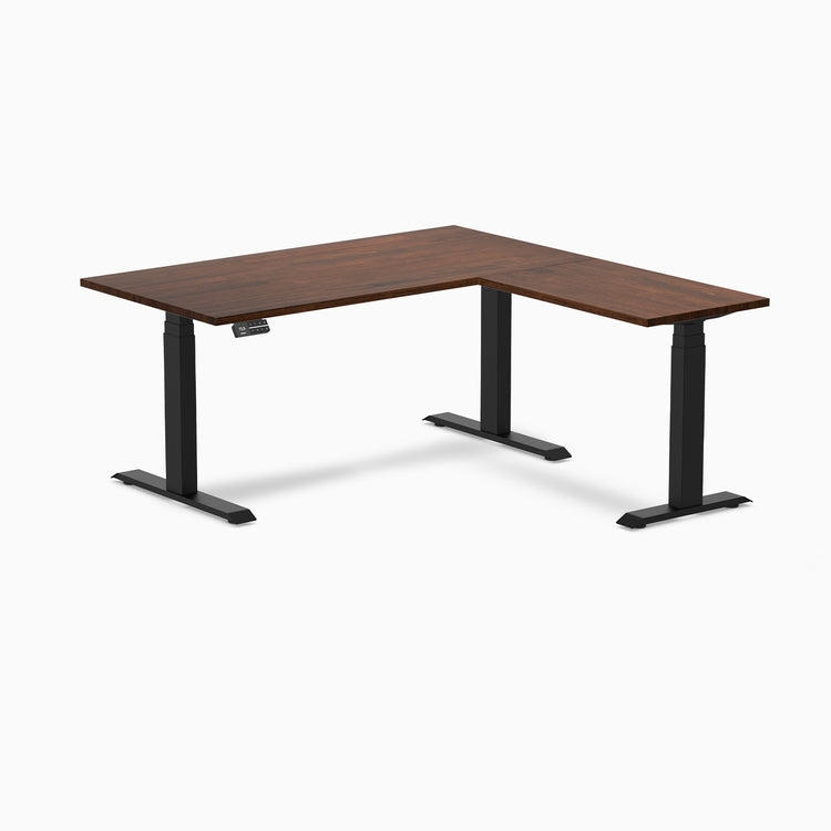 L-Shaped Standing Desk Red Walnut Charcoal Gray Frame Corner Spaces
