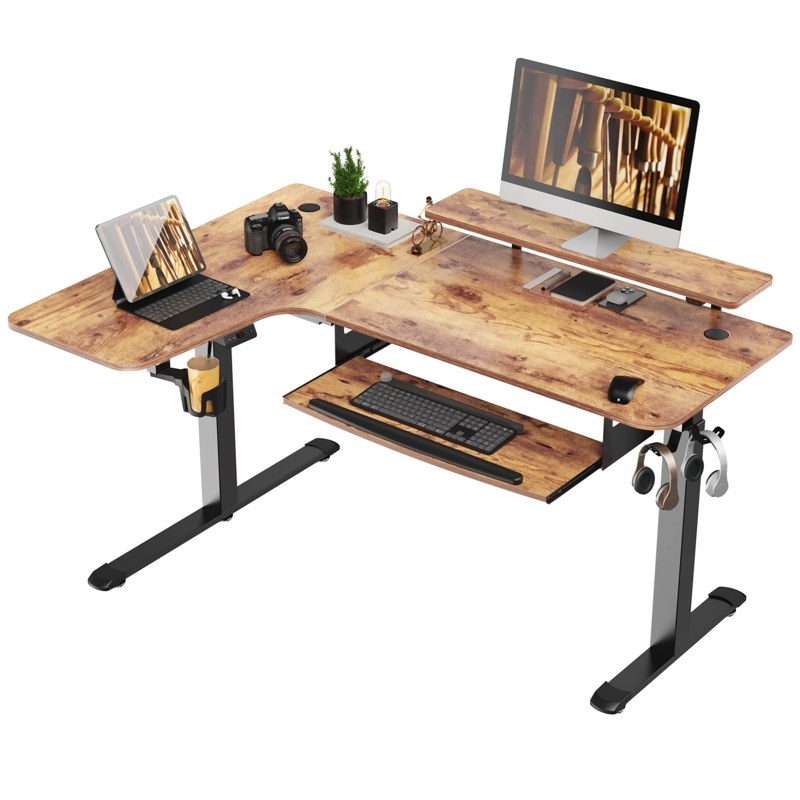 L-Shaped Standing Desk Rustic Brown with Monitor Riser and LEDs