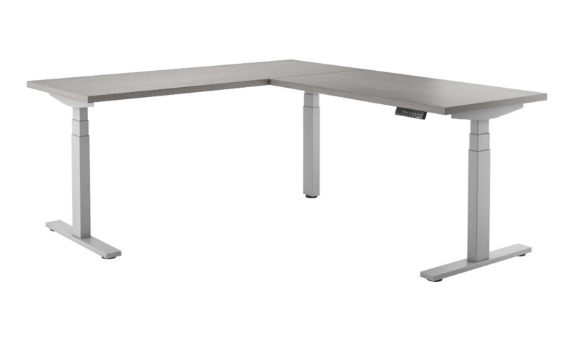 L-Shaped Standing Desk Silver Frame Wood-Toned Top Corner Orientation