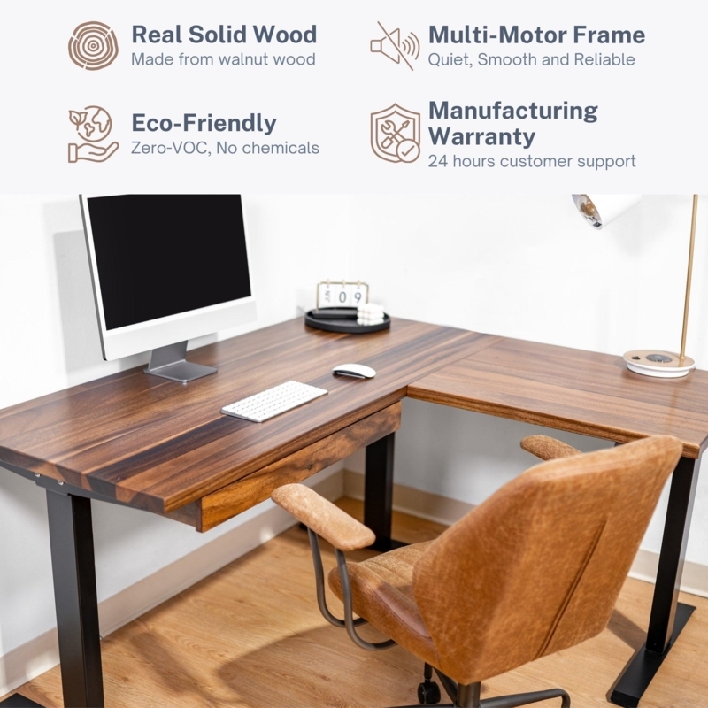 L-Shaped Standing Desk Walnut Adjustable Height Modern Corner Office