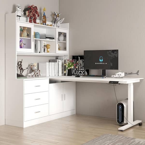 L-Shaped Standing Desk with Integrated Bookcase and Motorized Lift