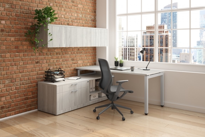 L-Shaped Storage Desk, Silver Birch Finish, Modern Style