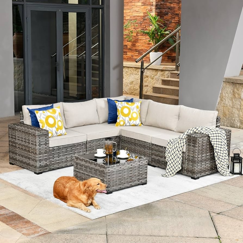 L-Shaped Wicker Sofa with Widened Armrests and Tan Cushions for Garden