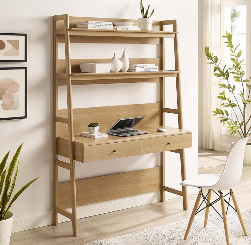 Ladder Desk Walnut Brown Leaning Silhouette Storage Drawers