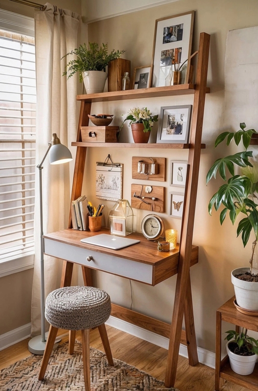 Ladder Desk with Two-Tier Shelving and Modern Industrial Style