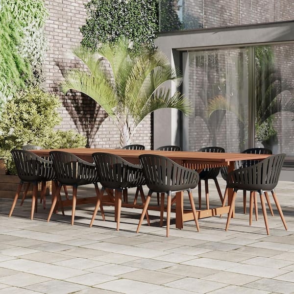 Large 11 Piece Patio Set Wood Black Contrast Molded Chairs