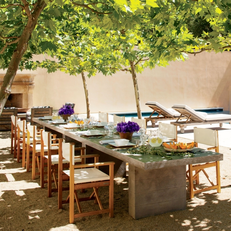 Large Dining Table Stone Topped with Wood Toned Director Chairs
