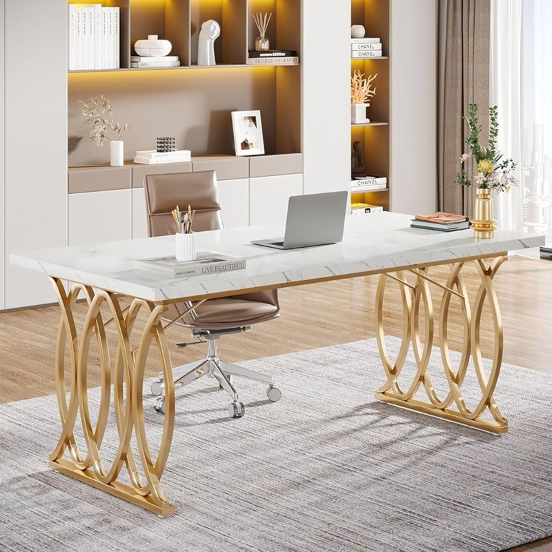 Large Executive Desk with Thick White Top and Gold Trestle Base