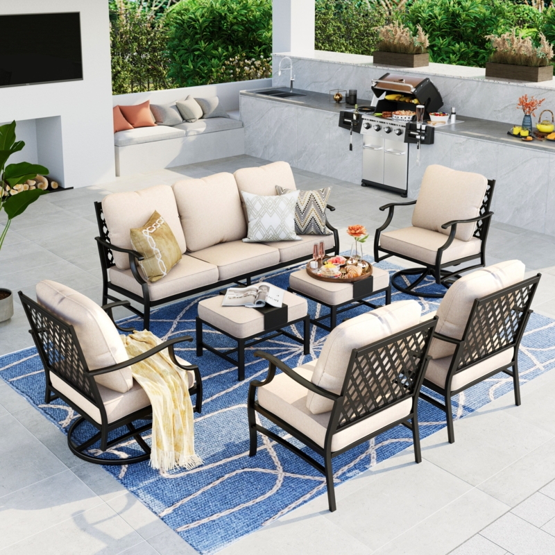 Large Outdoor Sectional Conversation Set: 7-Seat Modular Metal Layout
