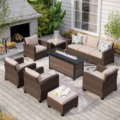 Large Patio Conversation Set Gray Wicker Fire Pit Table Poolside