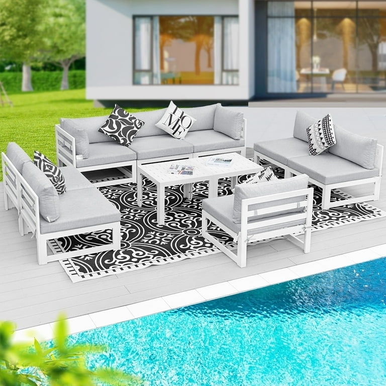Large Sectional Sofa Aluminum L-Shaped with Wood Slat Accents