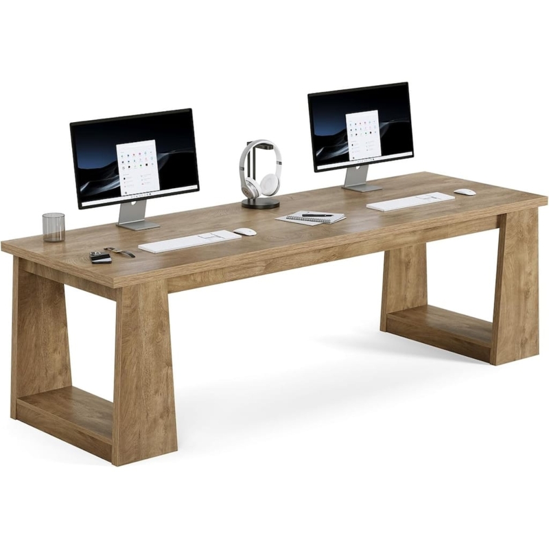 Large Two-Person Double Desk with Central Monitor Riser and Trestle Legs