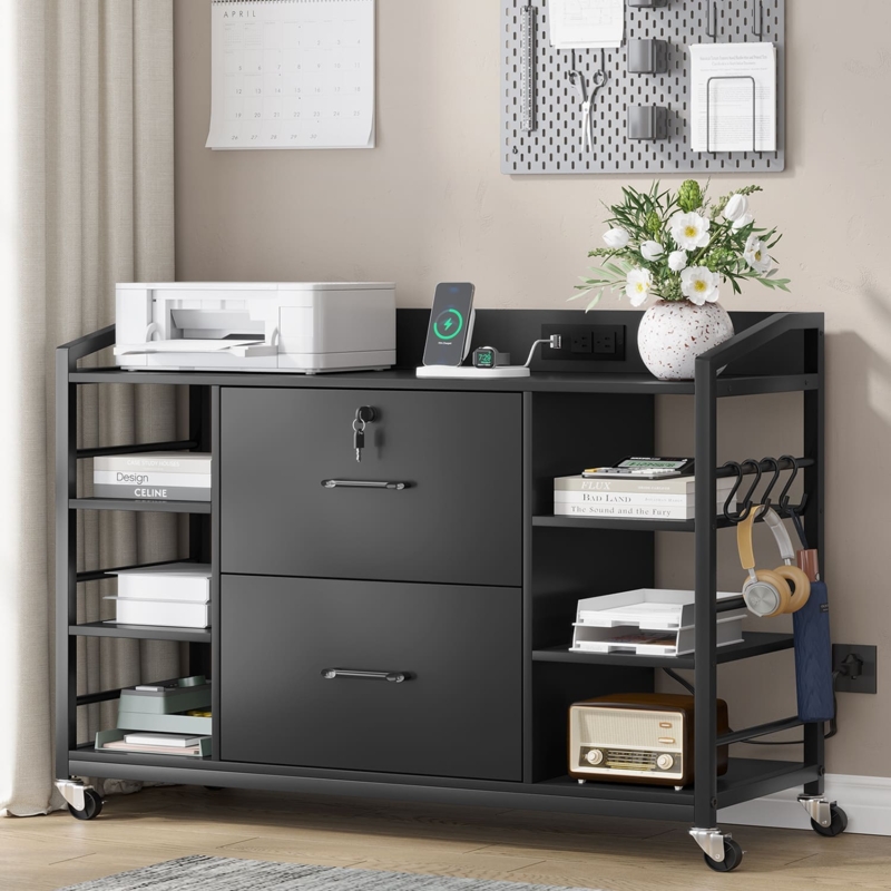 Lateral File Cabinet 2-Drawer Mixed Media Design Wood Top Slim Hardware