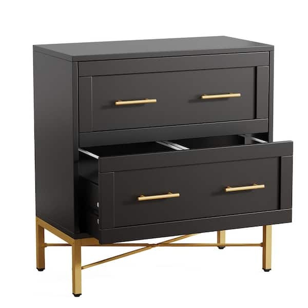 Lateral File Cabinet Black Matte Finish Gold Hardware Metal Legs