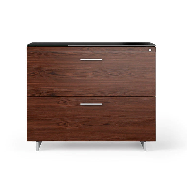 Lateral File Cabinet Chocolate Brown Wood Toned Black Metal Frame