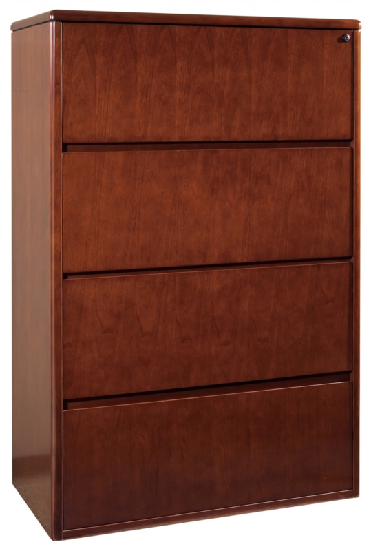 Lateral File Cabinet: Dark Cherry Finish Four Drawer with Crown Molding