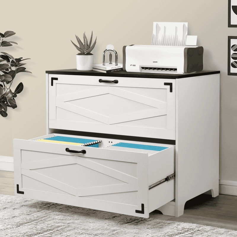 Lateral File Cabinet: Farmhouse White Two Tone with Wood Grain Top