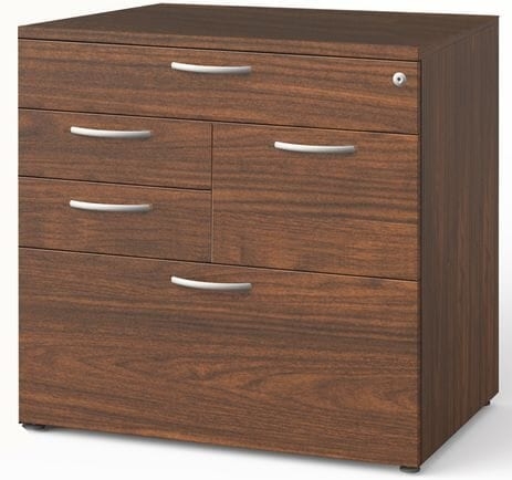 Lateral File Cabinet, Five-Drawer, Combination Lock, Reddish-Brown Finish.