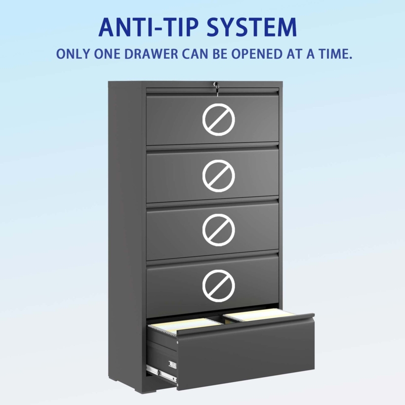 Lateral File Cabinet Five Drawer Matte Black Metal Industrial Bar Pulls