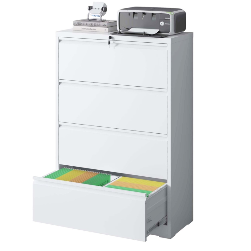 Lateral File Cabinet Four Drawer White Minimalist Locking Metal Storage