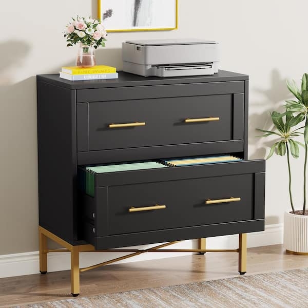 Lateral File Cabinet Gold Geometric Overlay 2-Drawer Modern Glam Style