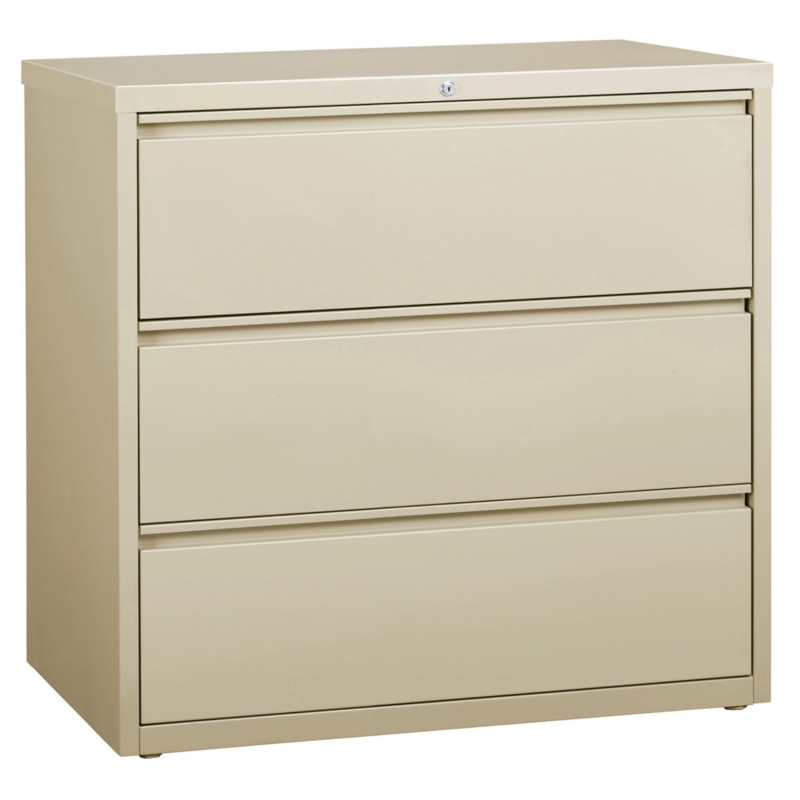 Lateral File Cabinet, Light Gray Metal, Label Holders, Recessed Pulls.