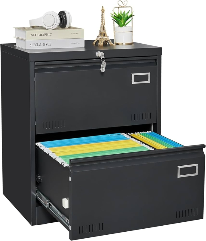 Lateral File Cabinet Matte Black Metal Industrial Two Drawer