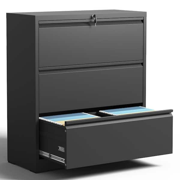 Lateral File Cabinet: Matte Black Metal Three Drawer with Recessed Pulls