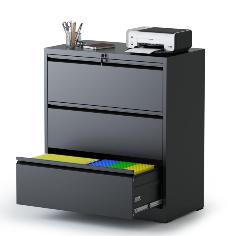 Lateral File Cabinet Metal Three Drawer Wide Storage